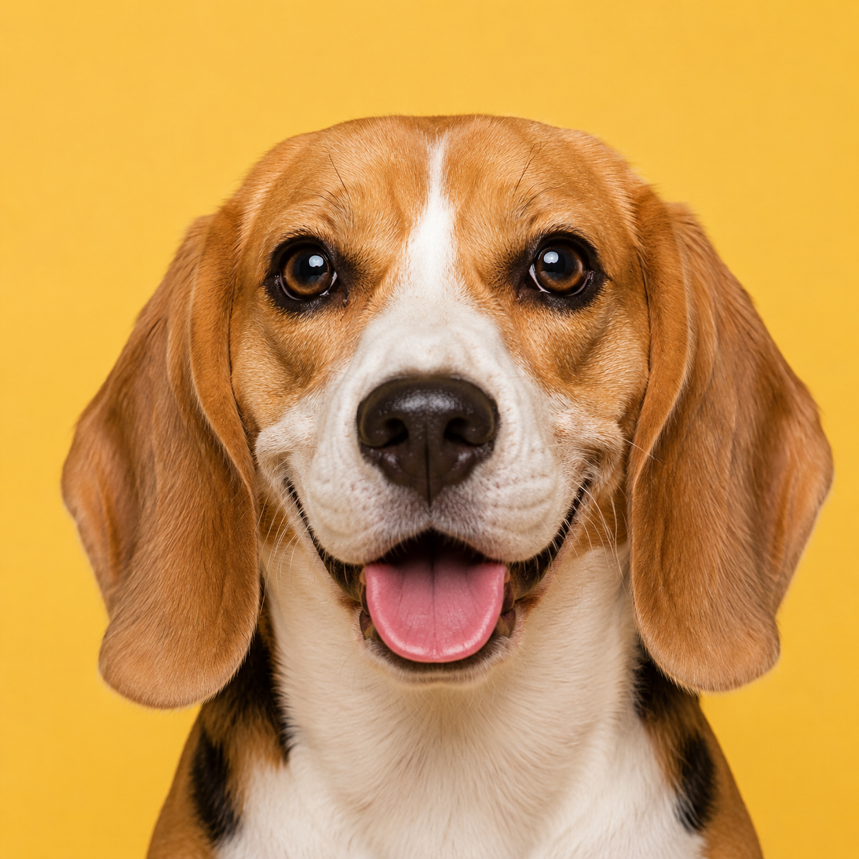 Happy beagle against a yellow background