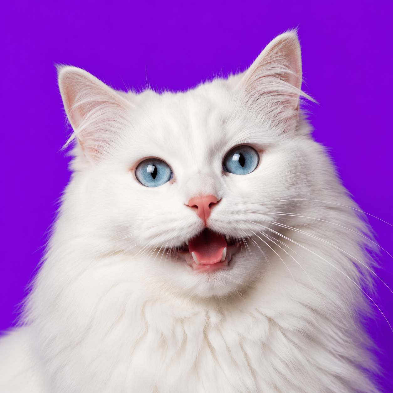White cat against a purple background