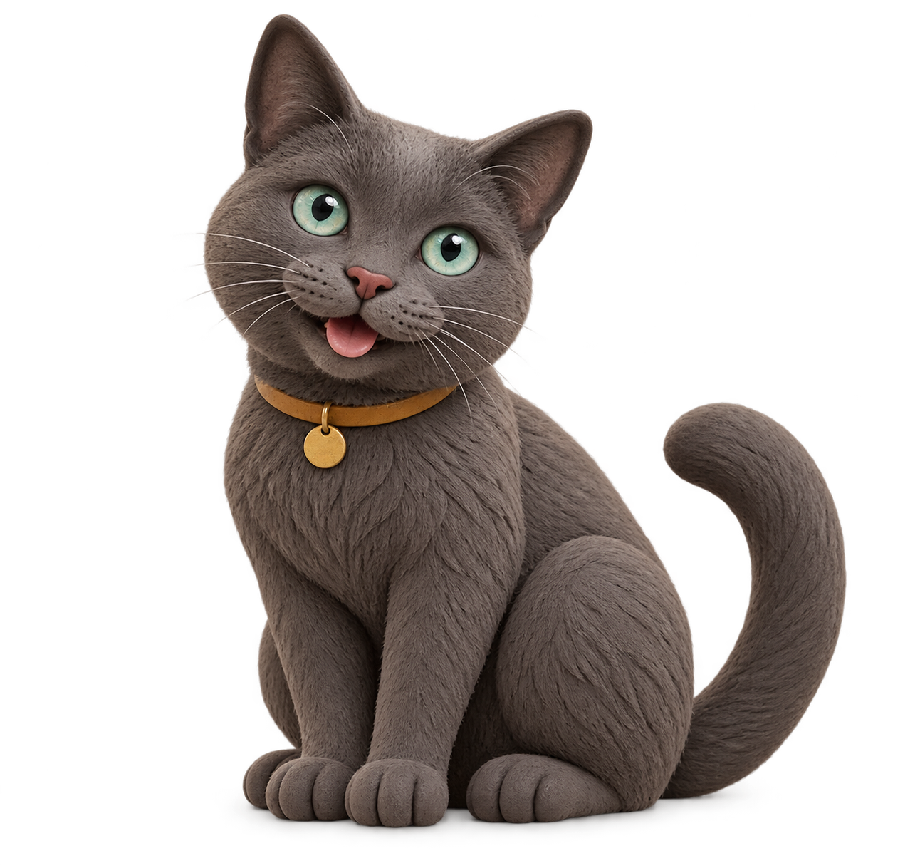 Grey clay cat with green eyes and a mustard collar